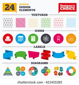 Banner tags, stickers and chart graph. Furniture icons. Cupboard, chair and TV table signs. Modern armchair symbol. Linear patterns and textures.