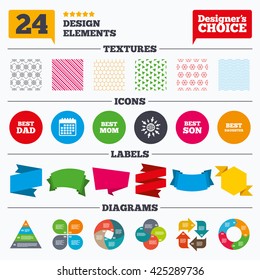 Banner tags, stickers and chart graph. Best mom and dad, son and daughter icons. Award symbols. Linear patterns and textures.