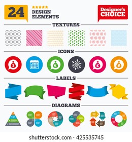 Banner tags, stickers and chart graph. Money bag icons. Dollar, Euro, Pound and Yen speech bubbles symbols. USD, EUR, GBP and JPY currency signs. Linear patterns and textures.