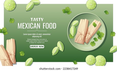  Banner with tamales with cilantro and lime. National Mexican food. Tasty and healthy food, cooking, menu. Online food order