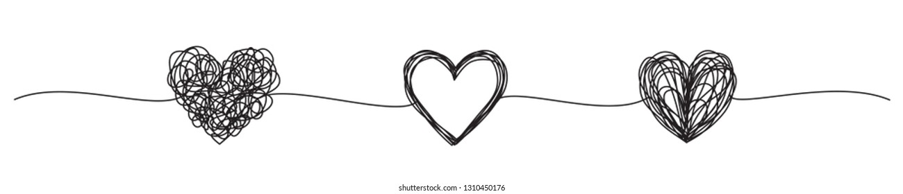 Banner with tangled grungy heart scribbles hand drawn with thin line, divider shape. Isolated on white background. Vector illustration