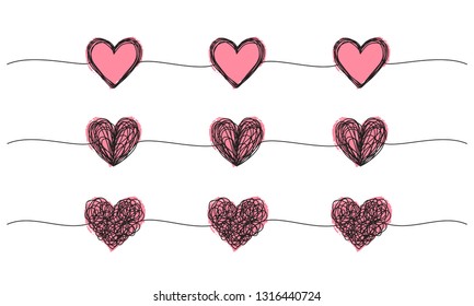 Banner with tangled grungy heart scribbles set hand drawn with thin line and red ink hearts, divider shape. Isolated on white background. Vector illustration