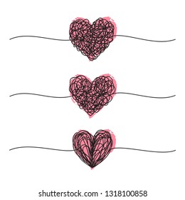 Banner with tangled grungy heart scribbles set hand drawn with thin line and red ink hearts, divider shape. Isolated on white background. Vector illustration