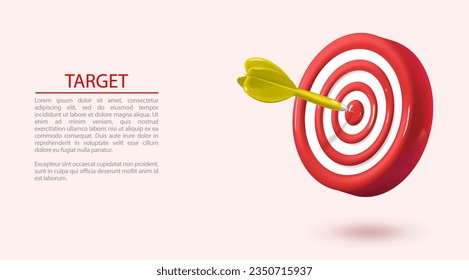 Banner with target and arrow hitting the center with space for text. Realistic plastic 3D image of the target. Seo optimization and smm concept. Digital marketing, smm digital web technology. 3D Web 