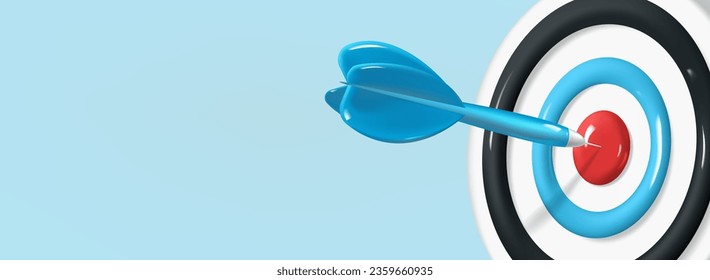 Banner with target and arrow hitting the center with space for text. Realistic plastic 3D image of the target. The concept of achieving a goal in life or business.