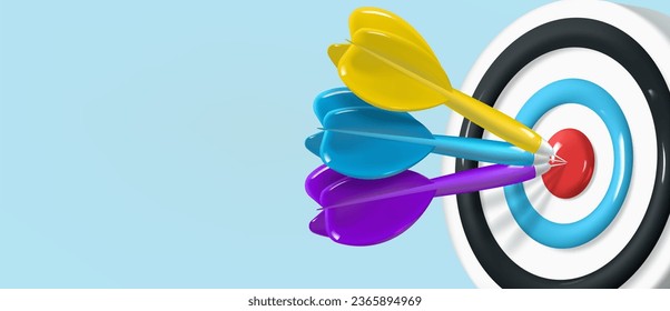 Banner with target and three arrows hitting the center with space for text. Realistic plastic 3D image of the target. The concept of achieving a goal in life or business.