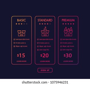 Banner for tariffs, set of pricing table and plans