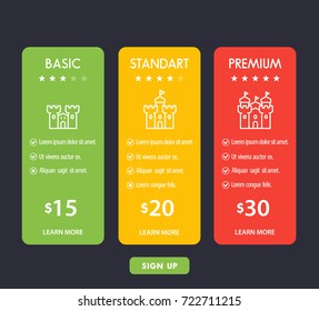 Banner for tariffs, set of pricing table, boxes