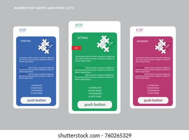 Banner for tariffs, a set of pricing tables, puzzle