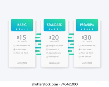 Banner for tariffs, set of vector pricing table and boxes