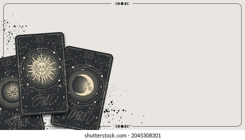 Banner mit Tarot-Karten und Kopienraum, Platz für Text, Mock-up für Wahrsagerei, Astrologie, Zodiac. Die Sonne, der Mond, der Stern, Kartenspiel auf dem Tisch, Draufsicht. Vektorgrafik.