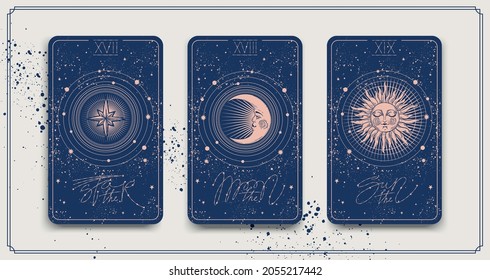 Banner with tarot cards The sun, the star, the moon. Mystical frame for astrology, fortune telling, esotericism. Vector doodle illustration, hand drawing.