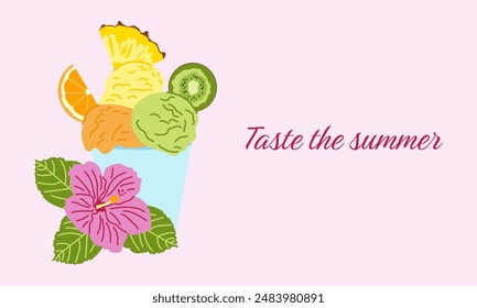 Banner of Taste the summer with fruit ice cream on a pink background