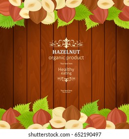 banner with tasty hazelnuts on wooden background for your design