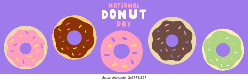 Banner. Tasty sweet food. National donut day. Hand drawn vector illustration on purple background.