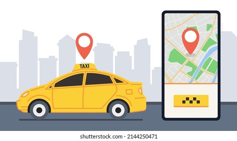 Banner for Taxi service. Yellow taxi on city background. Application on smartphone screen. Vector.