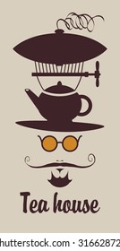banner for a tea house with a portrait of the moustache man with a kettle on his head