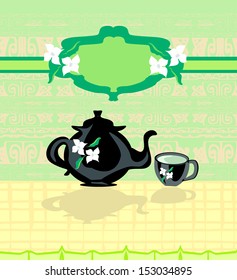 banner with tea kettle and cup of green tea