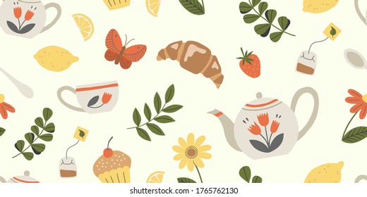 Banner with tea service, garden flowers and snacks. Seamless pattern with tea time elements. Vector illustration. 