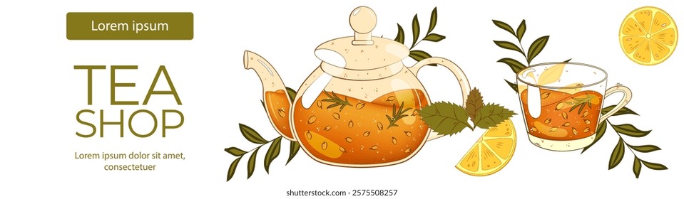 Banner with tea, teacup, herbal tea, lemon. For poster, card, banner, discount, special offer. Vector illustration EPS10 
