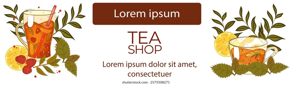 Banner with tea, teacup, lemon, lives. For poster, card, banner, discount, special offer. Vector illustration EPS10 
