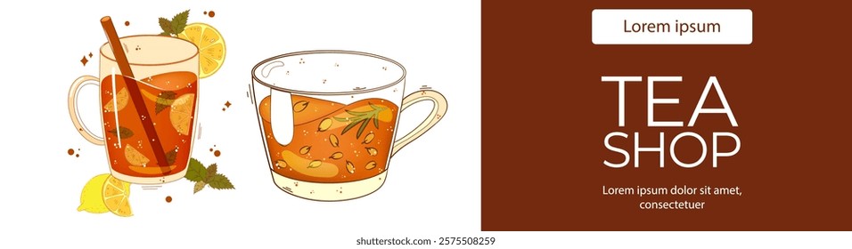 Banner with tea, teacup, lemon, mint. For poster, card, banner, discount, special offer. Vector illustration EPS10 
