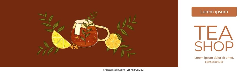 Banner with tea, teacups, lemon, herbal. For poster, card, banner, discount, special offer. Vector illustration EPS10 
