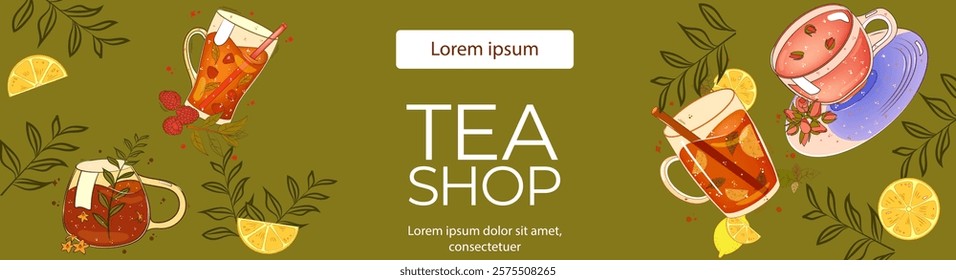 Banner with tea, teacups, lemon, raspberry, herbal on green background. For poster, card, banner, discount, special offer. Vector illustration EPS10 
