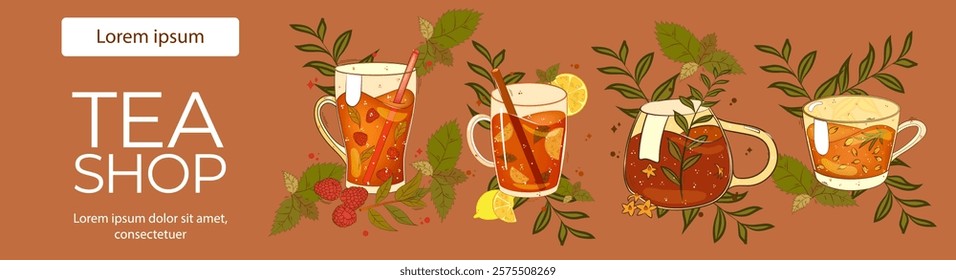 Banner with tea, teacups, lemon, raspberry, herbal, tea shop. For poster, card, banner, discount, special offer. Vector illustration EPS10 
