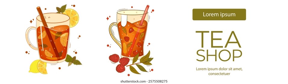 Banner with tea, teacups, lemon, raspberry, herbal. For poster, card, banner, discount, special offer. Vector illustration EPS10 
