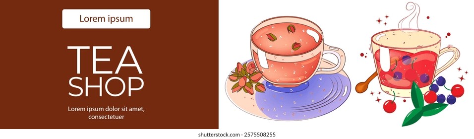 Banner with tea, teapot, teacup, berries, roses, lives. For poster, card, banner, discount, special offer. Vector illustration EPS10 
