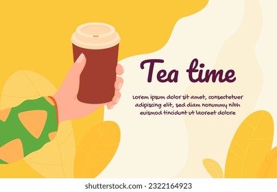 Banner Tea time. Hands hold cups with hot tea and coffee. Warming delicious drinks in men and women hands. Vector illustration