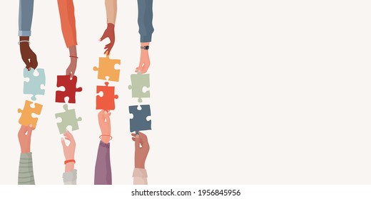 Banner. Teamwork and cooperation between colleagues. Problem solving metaphor. Diverse people s arms and hands holding one jigsaw puzzle piece joining the other piece.Sharing. Community