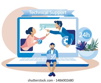 Banner Technical Support for Call Center Employees.  Operator Regularly Checks Important Internal Instructions. Woman in Telephone Conversation Asks Consultant. Guy Works at Laptop. 