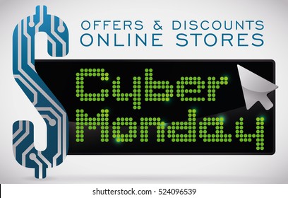 Banner with technology design announcing Cyber Monday sale with money symbol with circuits and a electronic screen with a pointer for special discounts and offers on internet stores.