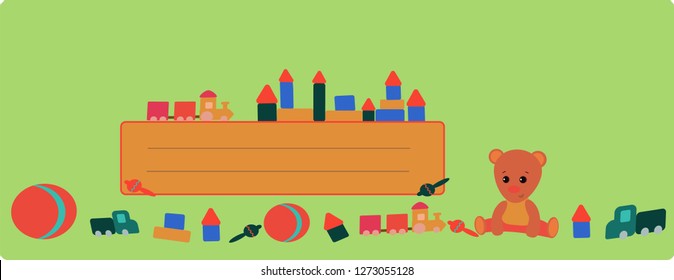 Banner with a teddy bear and a train on green background