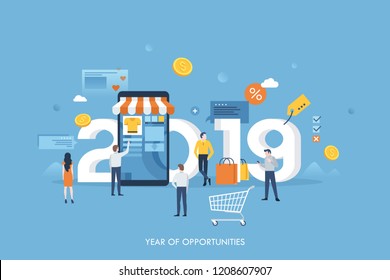 Banner template with 2019 number, giant smartphone and people buying goods online. Year of opportunities for internet retail and shopping, sale and discount. Flat vector illustration for website.