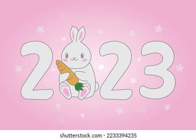 Banner template 2023 with a rabbit holding a carrot on a pink background with decorative elements
