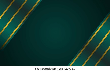 Modelo de banner abstrato elegante 3D realista verde e ouro listras linhas elementos padrão com efeito de iluminação no fundo verde escuro estilo de luxo. Ilustração vetorial