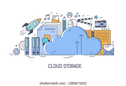 Banner template for advertising of cloud computing technology, application for information storage, transfer digital data, files download and upload. Vector illustration in modern linear style.