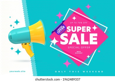 Banner template announcing super sale mega weekend discount. Loud speaker promoting limited special offer only week price off up to 70 percent design vector illustration. Advertisement concept