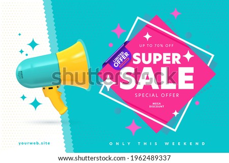 Banner template announcing super sale mega weekend discount. Loud speaker promoting limited special offer only week price off up to 70 percent design vector illustration. Advertisement concept