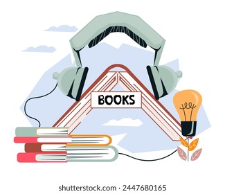 Banner template for app for listening to audiobooks, podcasts, and music. Music or online virtual library application banner, flat vector illustration isolated on white.