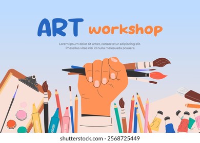A banner template for an art workshop, studio, or store. An advertising background with accessories for the artist: brushes, paints, easel, pencils. International Day of the Artist. Flat vector.