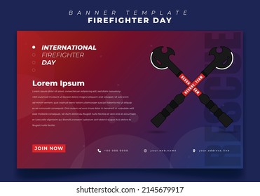 Plantilla de banner con diseño de hacha para el día del bombero en diseño de fondo rojo y azul