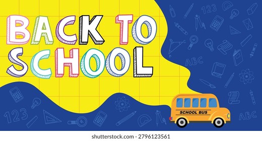 Banner template of back to school with hand drawn style, school bus, stationary doodle element, swirl blue and yellow background. back to school design theme