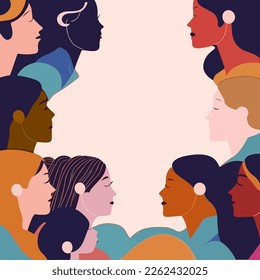 Banner template with background of colored silhouettes of female faces.