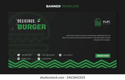 Banner template in black background design with simple green pattern and flat burger design for street food advertising