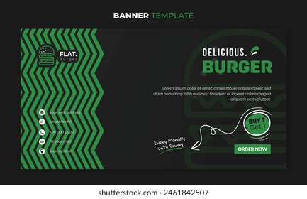 Banner template in black background with simple pattern and flat burger design for street food advertising campaign