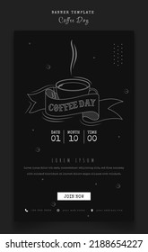 Plantilla de banner en negro con diseño de café para el diseño de la campaña del día del café internacional